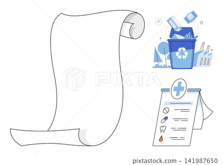 Blank paper scroll with recycling bin and medical checklist icons vector illustration. Sustainability, waste management, healthcare, prescription, ecology, organization. Empty parchment sheet Blank paper scroll with recycling bin and medical checklist icons vector illustration. Sustainability, waste management, healthcare, prescription, ecology, organization. Empty parchment sheet 141987650