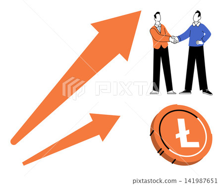 Business partners shaking hands with rising arrows and a Litecoin coin vector illustration. Financial growth, investment success, crypto trading, partnership, digital currency, market profit. Men Business partners shaking hands with rising arrows and a Litecoin coin vector illustration. Financial growth, investment success, crypto trading, partnership, digital currency, market profit. Men 141987651