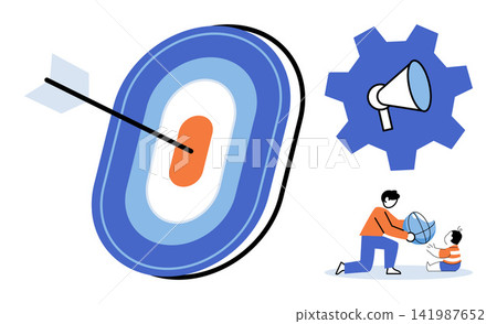 Target with arrow gear with megaphone and father playing with child vector illustration. Marketing strategy business growth communication development parenting family care. Goal icon cogwheel 141987652