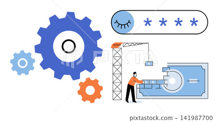 A person building a digital password and security icon with gears vector illustration. Cybersecurity, data protection, financial safety, account access, system maintenance, online privacy. User A person building a digital password and security icon with gears vector illustration. Cybersecurity, data protection, financial safety, account access, system maintenance, online privacy. User 141987700