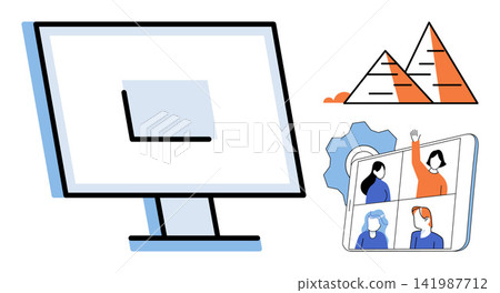 Computer monitor and tablet with video conference call vector illustration. Remote work, online education, digital communication, virtual meeting, distance learning, team collaboration. Desktop Computer monitor and tablet with video conference call vector illustration. Remote work, online education, digital communication, virtual meeting, distance learning, team collaboration. Desktop 141987712