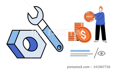 Wrench, nut, and businessman holding profit coin vector illustration. Financial growth, business optimization, investment strategy, corporate maintenance, wealth management, economic success. Repair Wrench, nut, and businessman holding profit coin vector illustration. Financial growth, business optimization, investment strategy, corporate maintenance, wealth management, economic success. Repair 141987726