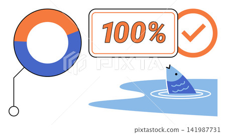 Percentage progress bar with checkmark and fish in water vector illustration. Efficiency, completion, success, data analysis, performance, goal achievement. Loading status icon with aquatic animal Percentage progress bar with checkmark and fish in water vector illustration. Efficiency, completion, success, data analysis, performance, goal achievement. Loading status icon with aquatic animal 141987731