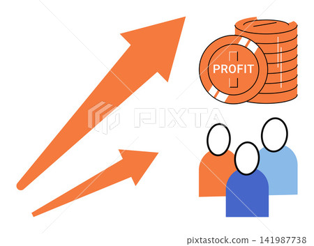 Rising arrows with stacked coins and people icons vector illustration. Financial growth, investment success, corporate profit, market expansion, revenue increase, business development. Upward charts Rising arrows with stacked coins and people icons vector illustration. Financial growth, investment success, corporate profit, market expansion, revenue increase, business development. Upward charts 141987738