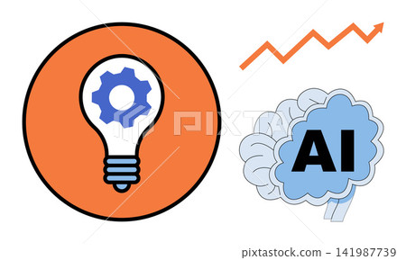 Light bulb with gear and brain with AI text vector illustration. Innovation, machine learning, technology development, digital transformation, data analysis, business growth. Smart idea icon Light bulb with gear and brain with AI text vector illustration. Innovation, machine learning, technology development, digital transformation, data analysis, business growth. Smart idea icon 141987739