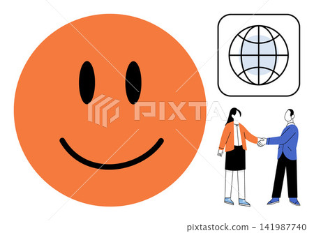 Orange happy face icon with a globe symbol and business people shaking hands vector illustration. International cooperation, corporate partnership, networking, feedback, success, unity. Happy emotion Orange happy face icon with a globe symbol and business people shaking hands vector illustration. International cooperation, corporate partnership, networking, feedback, success, unity. Happy emotion 141987740