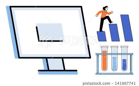 Person climbing a bar chart and test tubes on a computer screen vector illustration. Data analysis, scientific research, business growth, laboratory testing, progress, digital strategy. Professional Person climbing a bar chart and test tubes on a computer screen vector illustration. Data analysis, scientific research, business growth, laboratory testing, progress, digital strategy. Professional 141987741