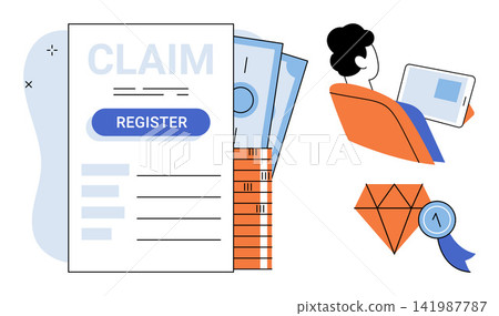 Insurance claim form with money and a person using a tablet vector illustration. Finance, banking, investment, reward, digital service, online registration. Document for payment request Insurance claim form with money and a person using a tablet vector illustration. Finance, banking, investment, reward, digital service, online registration. Document for payment request 141987787