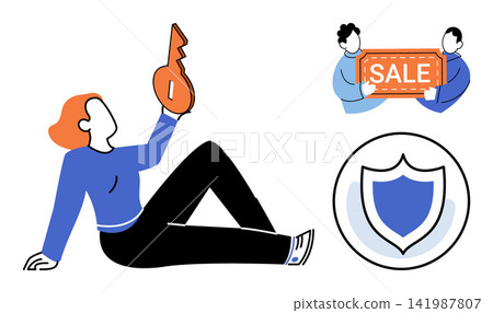 Woman holding a key and people with a sale sign vector illustration. Security, shopping, protection, discount, access, commerce. Person with house key and customers holding a coupon Woman holding a key and people with a sale sign vector illustration. Security, shopping, protection, discount, access, commerce. Person with house key and customers holding a coupon 141987807