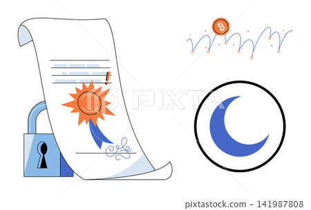 Secured document with seal and moon icon vector illustration. Blockchain security, financial protection, crypto trading, data privacy, night mode, digital assets. Locked contract and lunar symbol Secured document with seal and moon icon vector illustration. Blockchain security, financial protection, crypto trading, data privacy, night mode, digital assets. Locked contract and lunar symbol 141987808