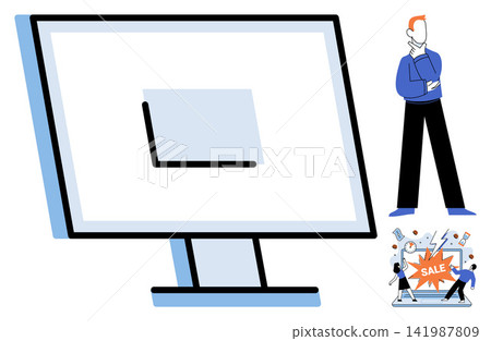 Computer monitor and a thinking person vector illustration. Online shopping, digital marketing, e-commerce, consumer behavior, retail strategy, business analysis. Desktop display and thoughtful Computer monitor and a thinking person vector illustration. Online shopping, digital marketing, e-commerce, consumer behavior, retail strategy, business analysis. Desktop display and thoughtful 141987809