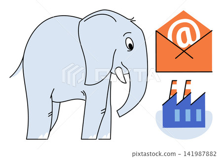 Elephant standing next to an email envelope and factory icons vector illustration. Digital marketing, corporate communication, industrial messaging, business strategy, logistics, global trade. Large Elephant standing next to an email envelope and factory icons vector illustration. Digital marketing, corporate communication, industrial messaging, business strategy, logistics, global trade. Large 141987882