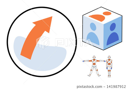 Collection of business icons and a robot character vector illustration. Growth, teamwork, technology, automation, artificial intelligence, innovation. Corporate symbols and droid figure Collection of business icons and a robot character vector illustration. Growth, teamwork, technology, automation, artificial intelligence, innovation. Corporate symbols and droid figure 141987912