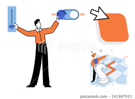 Man adjusting settings and playing chess vector illustration. Strategic planning, business management, decision making, problem solving, leadership, corporate growth. Person controlling operations Man adjusting settings and playing chess vector illustration. Strategic planning, business management, decision making, problem solving, leadership, corporate growth. Person controlling operations 141987913