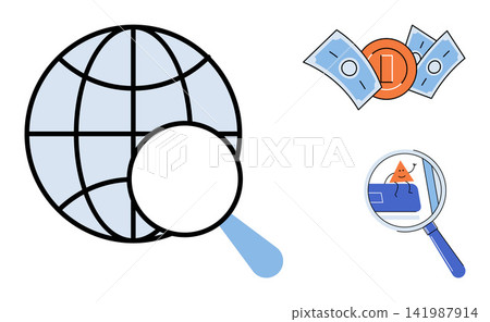 Globe with magnifying glass and currency icons vector illustration. International trade, economic research, financial analysis, global market, investment strategy, business growth. World map Globe with magnifying glass and currency icons vector illustration. International trade, economic research, financial analysis, global market, investment strategy, business growth. World map 141987914