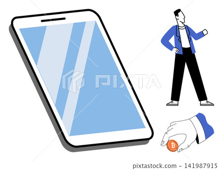Smartphone device with businessman and hand holding bitcoin vector illustration. Digital finance, mobile banking, cryptocurrency investment, online trading, fintech technology, virtual wallet 141987915