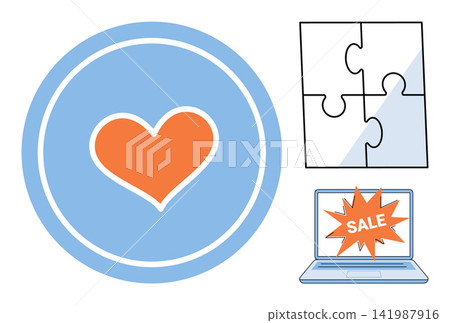 Heart icon, jigsaw puzzle, and laptop with sale sign vector illustration. E-commerce, shopping, marketing, problem solving, love, digital business. Romantic symbol, puzzle pieces, computer Heart icon, jigsaw puzzle, and laptop with sale sign vector illustration. E-commerce, shopping, marketing, problem solving, love, digital business. Romantic symbol, puzzle pieces, computer 141987916