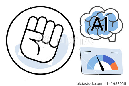 Fist symbol with brain and performance gauge vector illustration. Technology, machine learning, digital power, data analysis, system optimization, innovation. Hand gesture with artificial Fist symbol with brain and performance gauge vector illustration. Technology, machine learning, digital power, data analysis, system optimization, innovation. Hand gesture with artificial 141987936