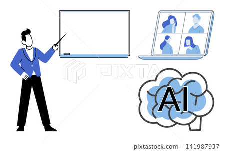 Teacher presenting at a whiteboard with a video conference and brain icon vector illustration. E-learning, remote education, digital classroom, artificial intelligence, technology, webinar Teacher presenting at a whiteboard with a video conference and brain icon vector illustration. E-learning, remote education, digital classroom, artificial intelligence, technology, webinar 141987937