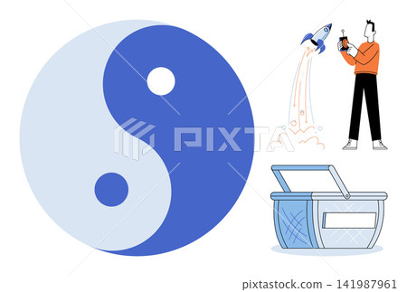 Yin yang symbol with a man launching a rocket and a shopping basket vector illustration. Balance, commerce, startup, innovation, retail, strategy. Harmony icon with person and cart Yin yang symbol with a man launching a rocket and a shopping basket vector illustration. Balance, commerce, startup, innovation, retail, strategy. Harmony icon with person and cart 141987961