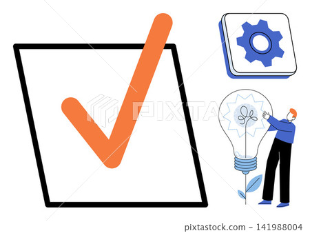 Checkmark symbol and person with lightbulb vector illustration. Productivity, innovation, business strategy, task management, creative thinking, problem solving. Task completion and idea generation 141988004