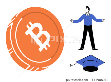 Bitcoin coin with a man and graduation cap vector illustration. Financial literacy, crypto investment, digital currency, online education, wealth management, blockchain technology. Virtual money Bitcoin coin with a man and graduation cap vector illustration. Financial literacy, crypto investment, digital currency, online education, wealth management, blockchain technology. Virtual money 141988012