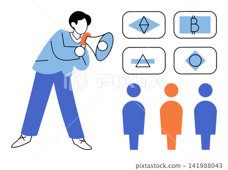 Person holding a megaphone to announce digital assets, vector illustration. Marketing, cryptocurrency, investment, finance, blockchain, communication. Man shouting into loudspeaker about crypto Person holding a megaphone to announce digital assets, vector illustration. Marketing, cryptocurrency, investment, finance, blockchain, communication. Man shouting into loudspeaker about crypto 141988043