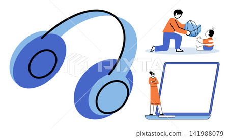 Headphones, parent with child, and person with laptop vector illustration. Education, remote work, family bonding, digital communication, audio technology, parenting. Audio gear, father baby 141988079