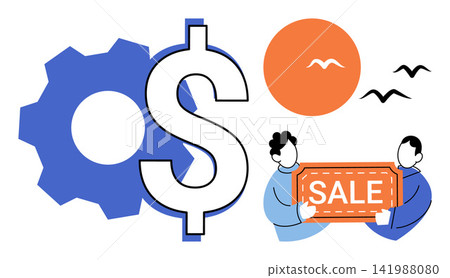 People holding a sale sign next to a dollar sign and gear vector illustration. Marketing, commerce, retail, discount, strategy, profit. Customers displaying a promotional coupon near currency People holding a sale sign next to a dollar sign and gear vector illustration. Marketing, commerce, retail, discount, strategy, profit. Customers displaying a promotional coupon near currency 141988080
