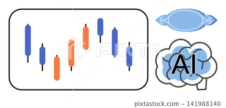 Candlestick chart and brain icon with AI text vector illustration. Financial technology, machine learning, stock market, data analysis, automated trading, investment strategy. Market graph and neural Candlestick chart and brain icon with AI text vector illustration. Financial technology, machine learning, stock market, data analysis, automated trading, investment strategy. Market graph and neural 141988140