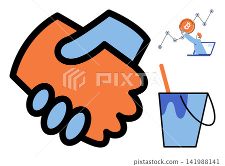 Handshake icon with bitcoin growth chart and paint bucket vector illustration. Partnership, finance, investment, creativity, renovation, digital assets. Agreement symbol with crypto profit Handshake icon with bitcoin growth chart and paint bucket vector illustration. Partnership, finance, investment, creativity, renovation, digital assets. Agreement symbol with crypto profit 141988141