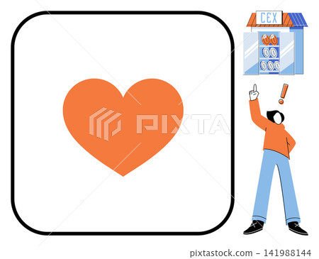 Heart symbol inside a rounded square and a person pointing at a tech shop vector illustration. Retail, consumerism, electronics, shopping, technology, sustainability. Love sign and human gesturing Heart symbol inside a rounded square and a person pointing at a tech shop vector illustration. Retail, consumerism, electronics, shopping, technology, sustainability. Love sign and human gesturing 141988144