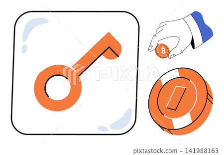 Key icon and hand holding a bitcoin coin vector illustration. Financial security, blockchain technology, digital wallet, investment safety, crypto assets, online banking. Access symbol and virtual 141988163