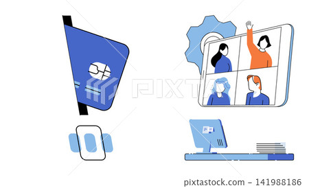 Credit card and video conference call vector illustration. Digital finance, remote work, online banking, team collaboration, virtual meeting, e-commerce. Electronic transaction and group chat Credit card and video conference call vector illustration. Digital finance, remote work, online banking, team collaboration, virtual meeting, e-commerce. Electronic transaction and group chat 141988186