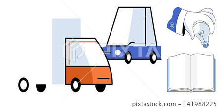 Transportation and education icons set vector illustration. Logistics, automotive, learning, knowledge, innovation, development. Cars and books with lightbulb symbols for creative study Transportation and education icons set vector illustration. Logistics, automotive, learning, knowledge, innovation, development. Cars and books with lightbulb symbols for creative study 141988225