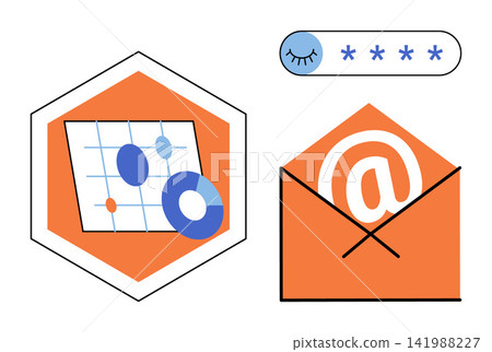 Data charts and email envelope with password field vector illustration. Cybersecurity, digital marketing, business analytics, information protection, online communication, data management Data charts and email envelope with password field vector illustration. Cybersecurity, digital marketing, business analytics, information protection, online communication, data management 141988227