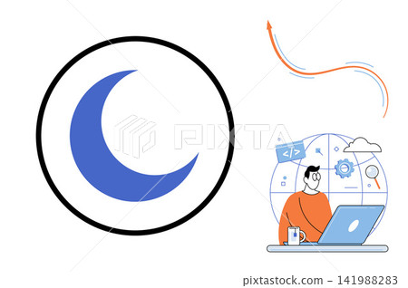 Night mode crescent moon icon and a programmer working on a laptop vector illustration. Software development, user interface, dark theme, coding, web design, night shift. UI design element and coder 141988283