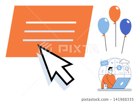 Cursor clicking on an orange banner with balloons and a programmer working on a laptop vector illustration. Web design, digital marketing, software development, online advertising, user experience 141988335