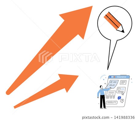 Upward arrows and a person managing insurance documents vector illustration. Business growth, financial planning, policy management, digital insurance, strategy, success. Rising indicators Upward arrows and a person managing insurance documents vector illustration. Business growth, financial planning, policy management, digital insurance, strategy, success. Rising indicators 141988336