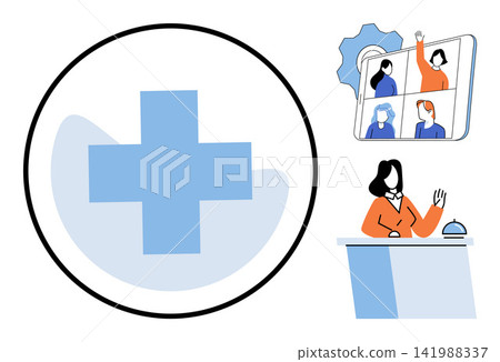 Medical cross icon with online meeting and receptionist vector illustration. Healthcare, telemedicine, customer service, digital communication, professional support, virtual consultation. Hospital Medical cross icon with online meeting and receptionist vector illustration. Healthcare, telemedicine, customer service, digital communication, professional support, virtual consultation. Hospital 141988337