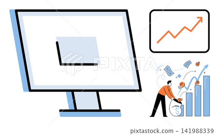 Computer screen displaying financial growth and a person collecting money vector illustration. Investment, profit, economy, marketing, analytics, wealth. Digital monitor showing rising revenue Computer screen displaying financial growth and a person collecting money vector illustration. Investment, profit, economy, marketing, analytics, wealth. Digital monitor showing rising revenue 141988339