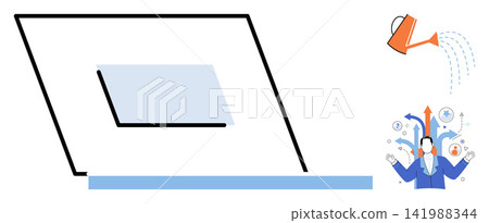 Laptop with a watering can and a person making decisions is a vector illustration. Growth, strategy, business development, digital marketing, career planning, professional success. Notebook Laptop with a watering can and a person making decisions is a vector illustration. Growth, strategy, business development, digital marketing, career planning, professional success. Notebook 141988344