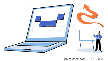 Laptop displaying code and instructor pointing at a whiteboard vector illustration. Programming, education, software development, online learning, technical training, digital skills. Computer screen Laptop displaying code and instructor pointing at a whiteboard vector illustration. Programming, education, software development, online learning, technical training, digital skills. Computer screen 141988350