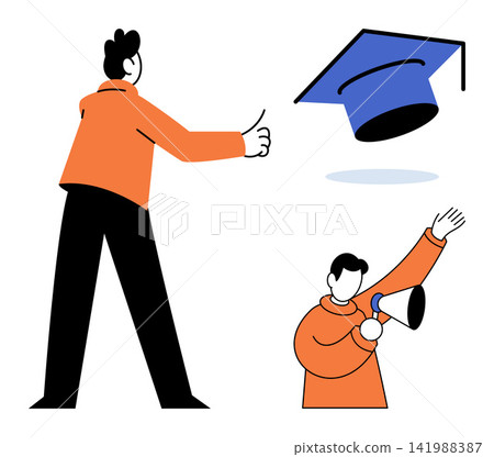 Students celebrating graduation with an academic cap and megaphone vector illustration. Education, achievement, success, university, announcement, celebration. Academic scholars marking academic Students celebrating graduation with an academic cap and megaphone vector illustration. Education, achievement, success, university, announcement, celebration. Academic scholars marking academic 141988387