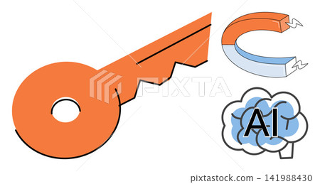 Key magnet and AI brain vector illustration. Business strategy, innovation, technology, marketing, problem solving, data analysis. Unlock potential with magnetic attraction and machine learning Key magnet and AI brain vector illustration. Business strategy, innovation, technology, marketing, problem solving, data analysis. Unlock potential with magnetic attraction and machine learning 141988430