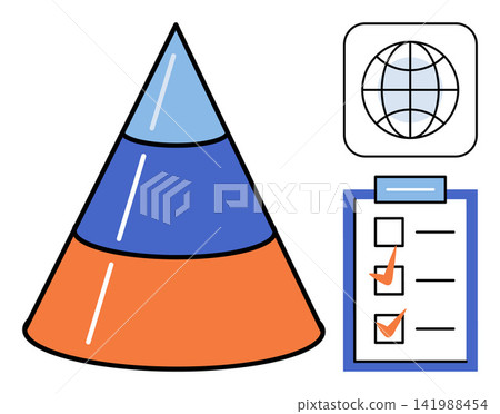 Three layer pyramid chart with global icon and checklist vector illustration. Business strategy, project management, data analysis, corporate planning, workflow organization, task tracking. Tiered Three layer pyramid chart with global icon and checklist vector illustration. Business strategy, project management, data analysis, corporate planning, workflow organization, task tracking. Tiered 141988454
