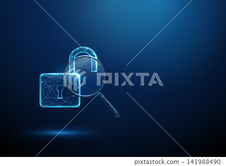 3D blue open padlock with magnifying glass. Security audit, data search, cyber inspection, threat analysis, vulnerability scan, risk, privacy, investigation concept 141988490