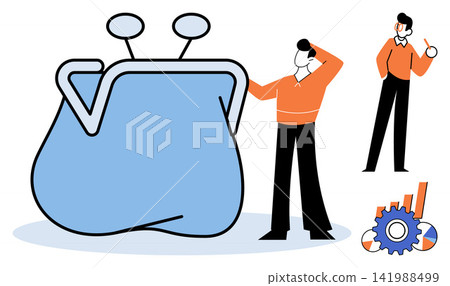 Man standing next to a large wallet vector illustration. Financial planning, money management, savings, investment strategy, economic growth, business analysis. Person contemplating budget Man standing next to a large wallet vector illustration. Financial planning, money management, savings, investment strategy, economic growth, business analysis. Person contemplating budget 141988499