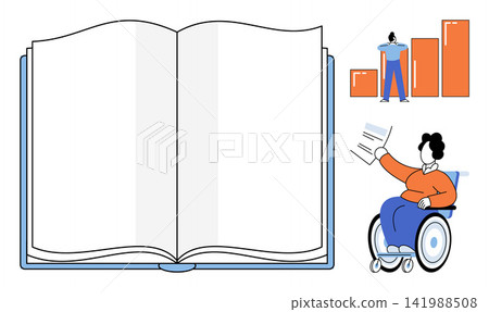Open book with people characters and business charts vector illustration. Education, business growth, accessibility, inclusion, learning, data analysis. Blank pages with diverse figures Open book with people characters and business charts vector illustration. Education, business growth, accessibility, inclusion, learning, data analysis. Blank pages with diverse figures 141988508