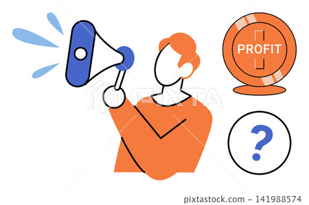 Person holding a megaphone with profit icon and question mark vector illustration. Marketing, business strategy, communication, advertising, financial growth, decision making. Man shouting into Person holding a megaphone with profit icon and question mark vector illustration. Marketing, business strategy, communication, advertising, financial growth, decision making. Man shouting into 141988574